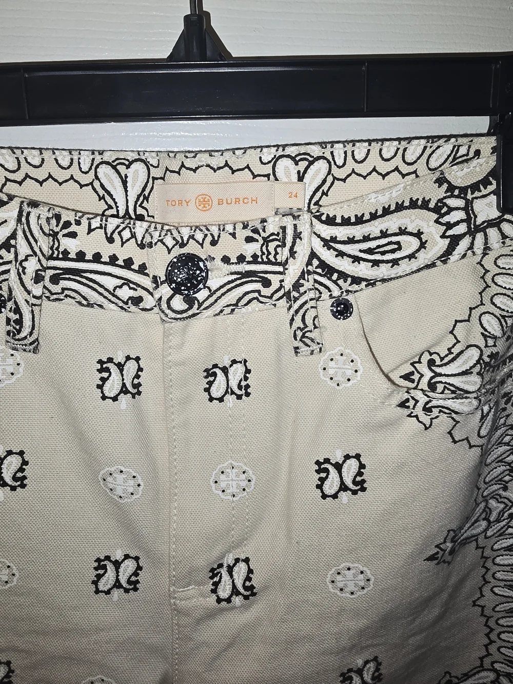 Tory Burch Cream and Black Bandana-Print Boot Cut Jeans